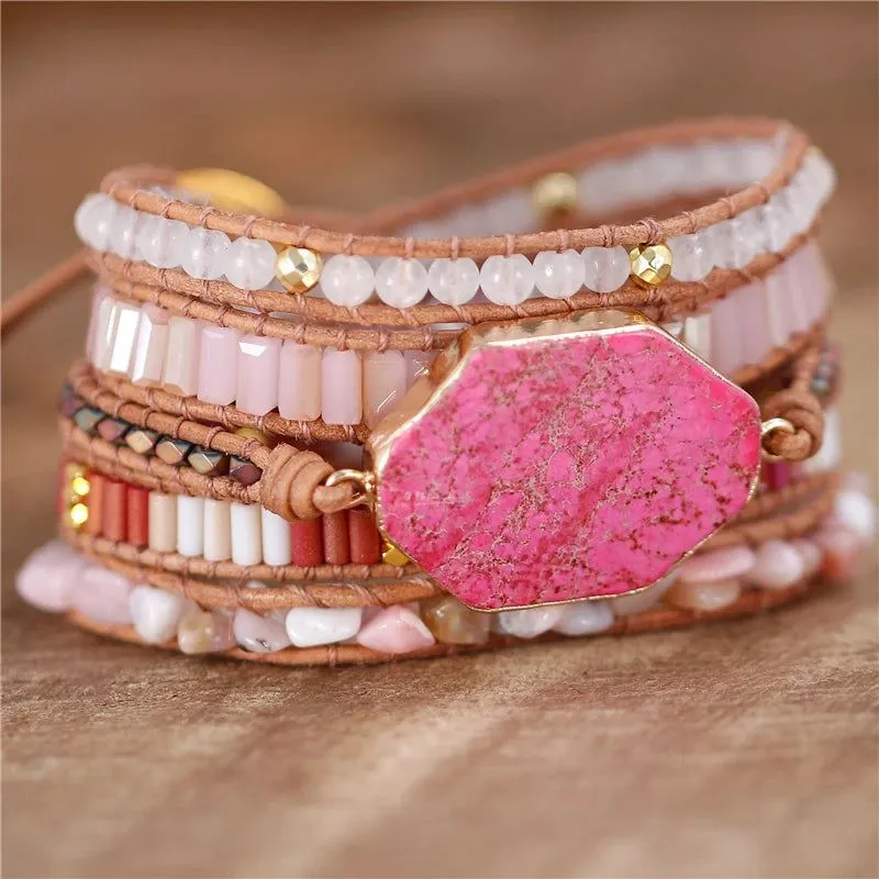 Pink Gemstone Leather Wrap Bracelet