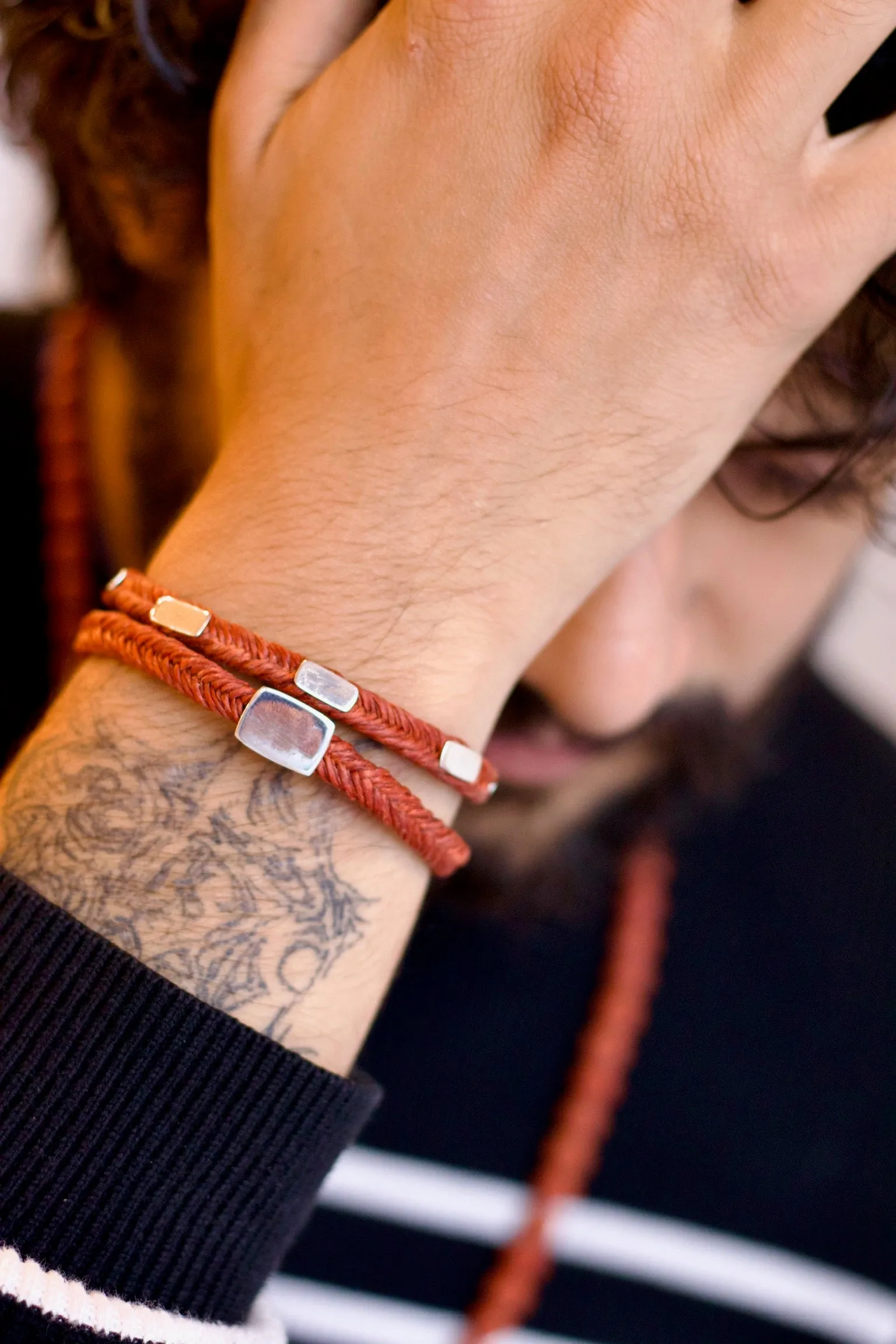 Quadrate Studded Fishtail Button Bracelet in Rust