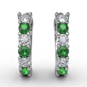 Shared Prong Emerald And Diamond Hoop Earrings