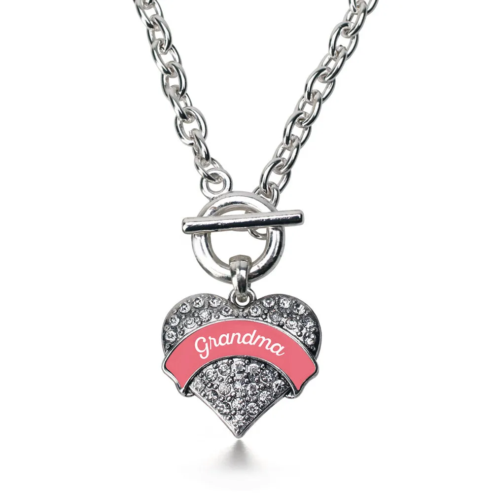 Silver Coral Grandma Pave Heart Charm Toggle Necklace