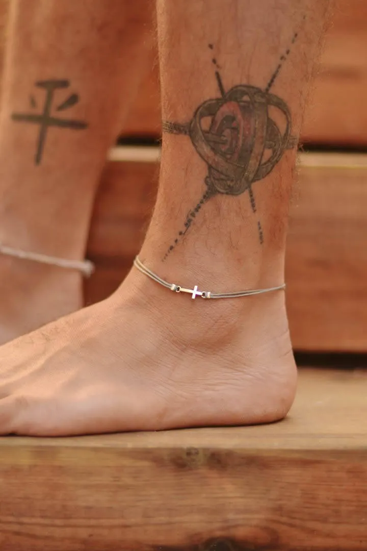 Silver cross anklet for men, gray cord, Valentine's day gift for him