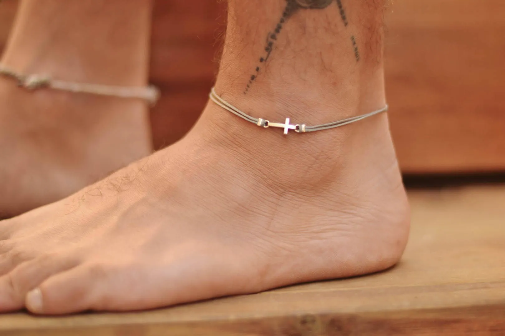 Silver cross anklet for men, gray cord, Valentine's day gift for him