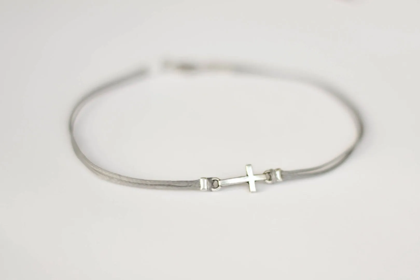 Silver cross anklet for men, gray cord, Valentine's day gift for him