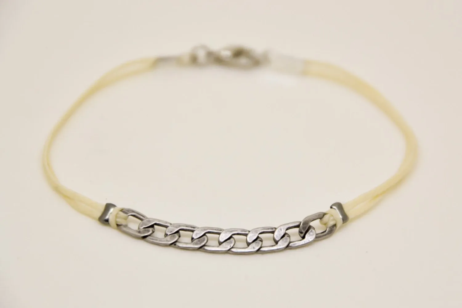 Silver flat link chain bracelet for men, beige cord