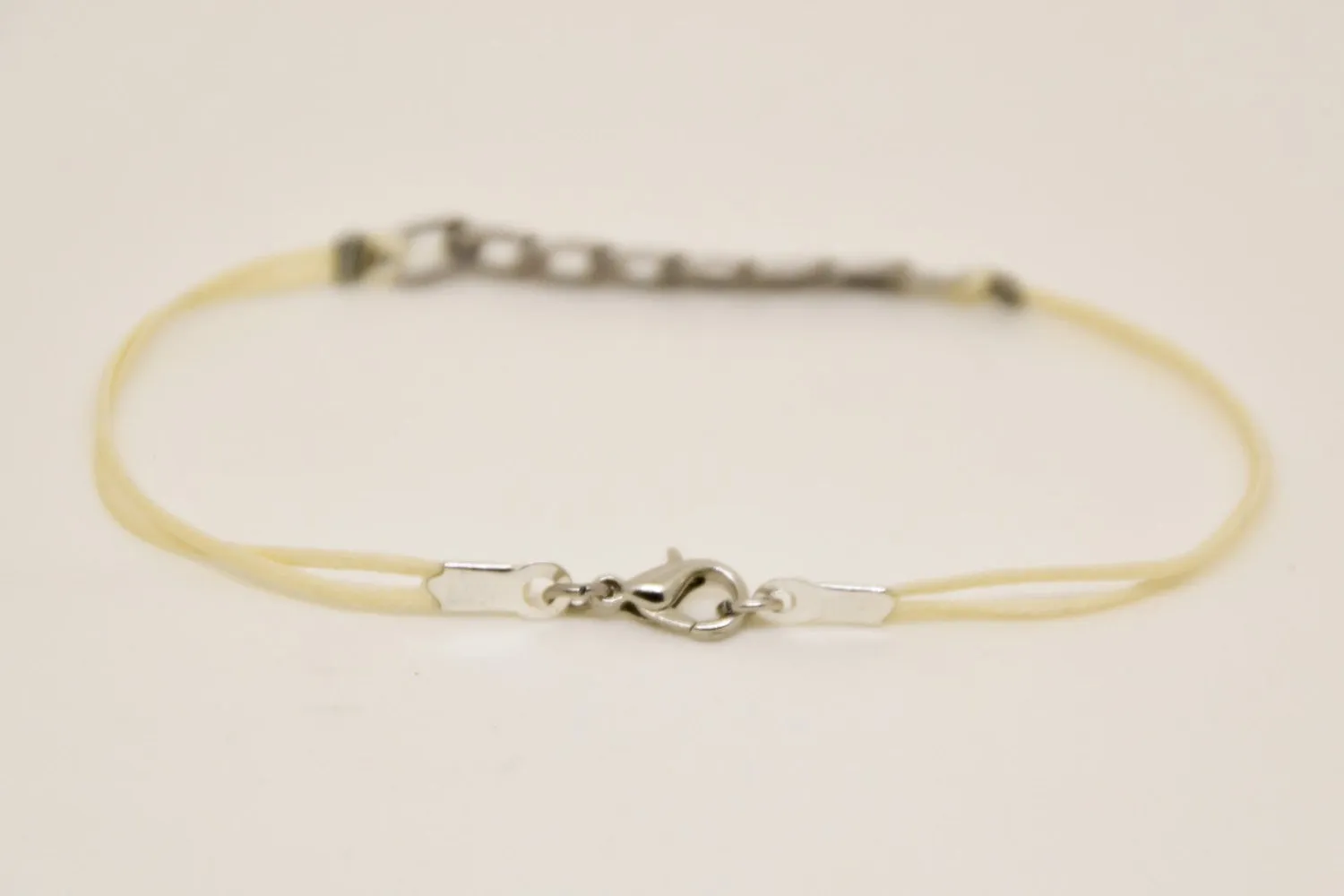 Silver flat link chain bracelet for men, beige cord