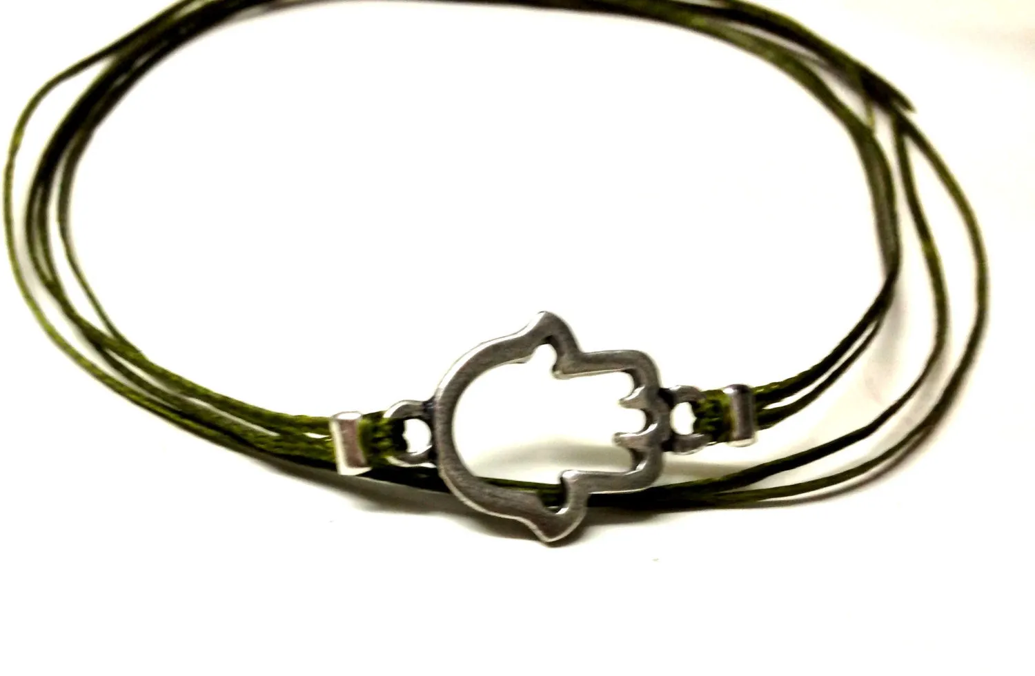 Silver Hamsa anklet, green cord