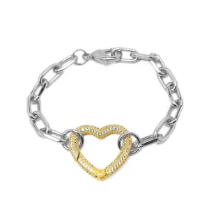 Silver Linked Chain Bracelet with Gold CZ Heart Station