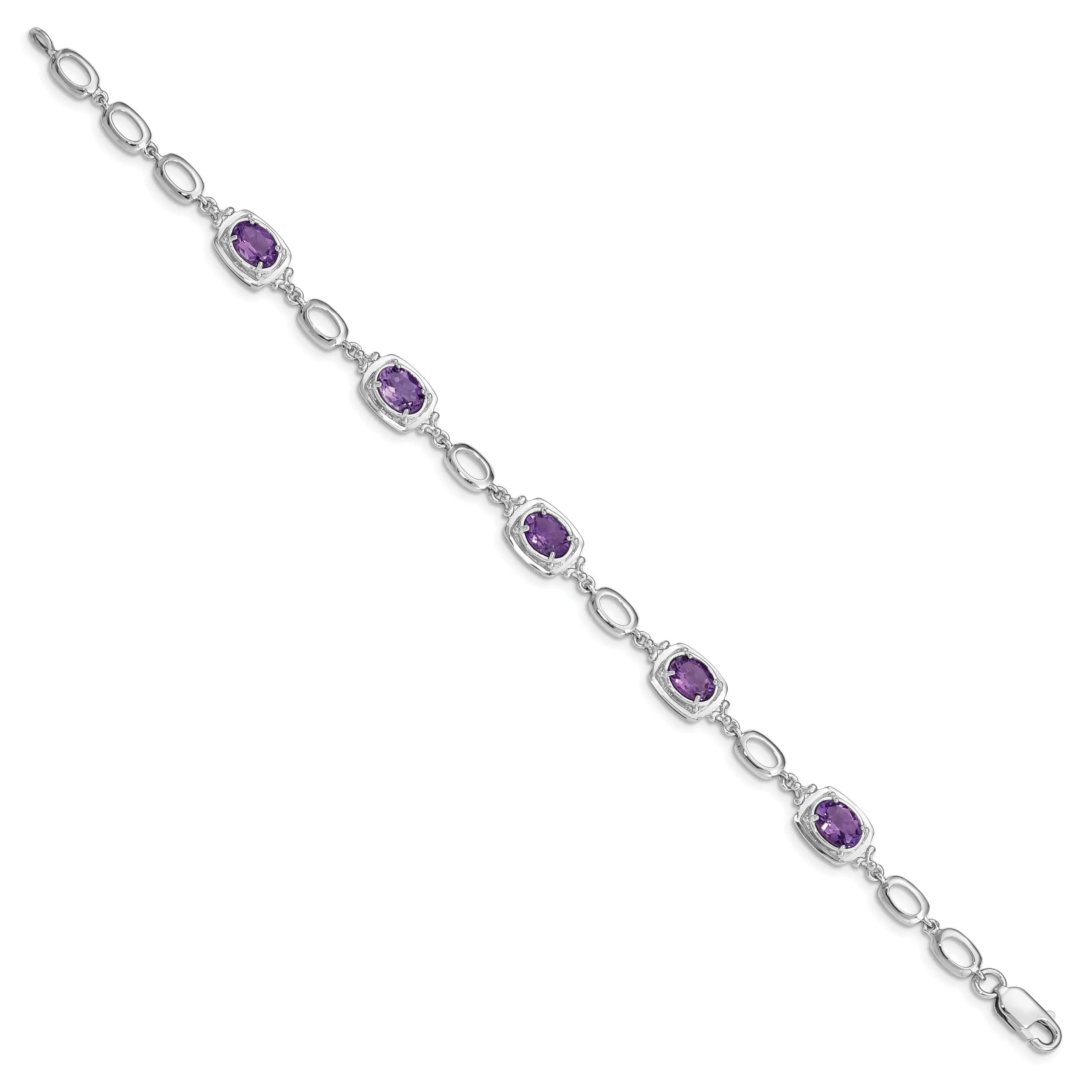 Silver Oval Cut Amethyst Gemstone Link Bracelet