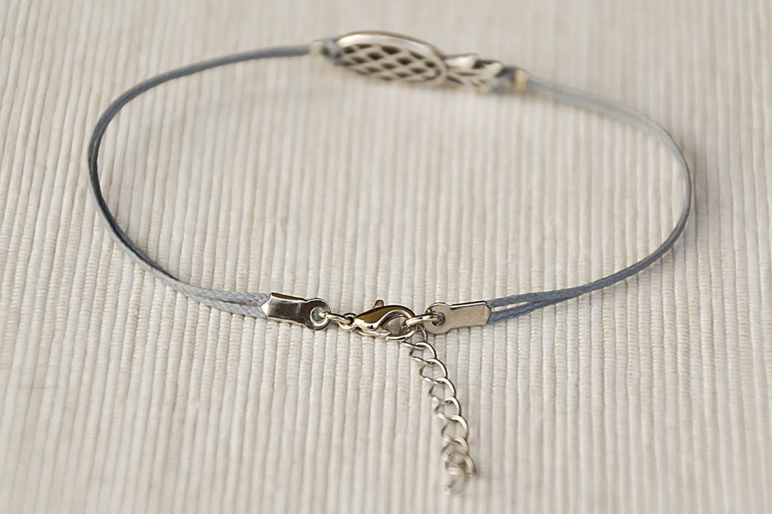 Silver pineapple anklet, gray cord ankle bracelet, handmade gift for her