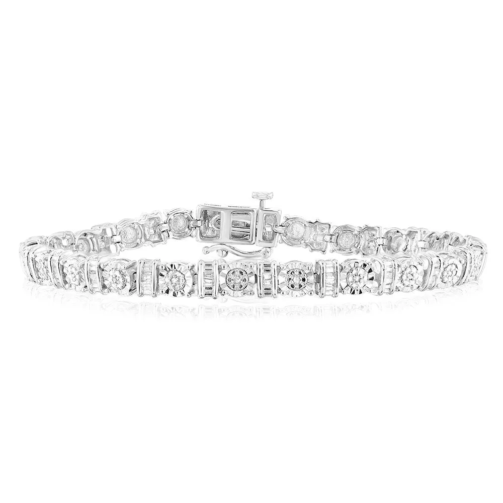 Sterling Silver 1/5 Carat 17.5cm Diamond Bracelet With 59 Round and Taper Cut Diamonds