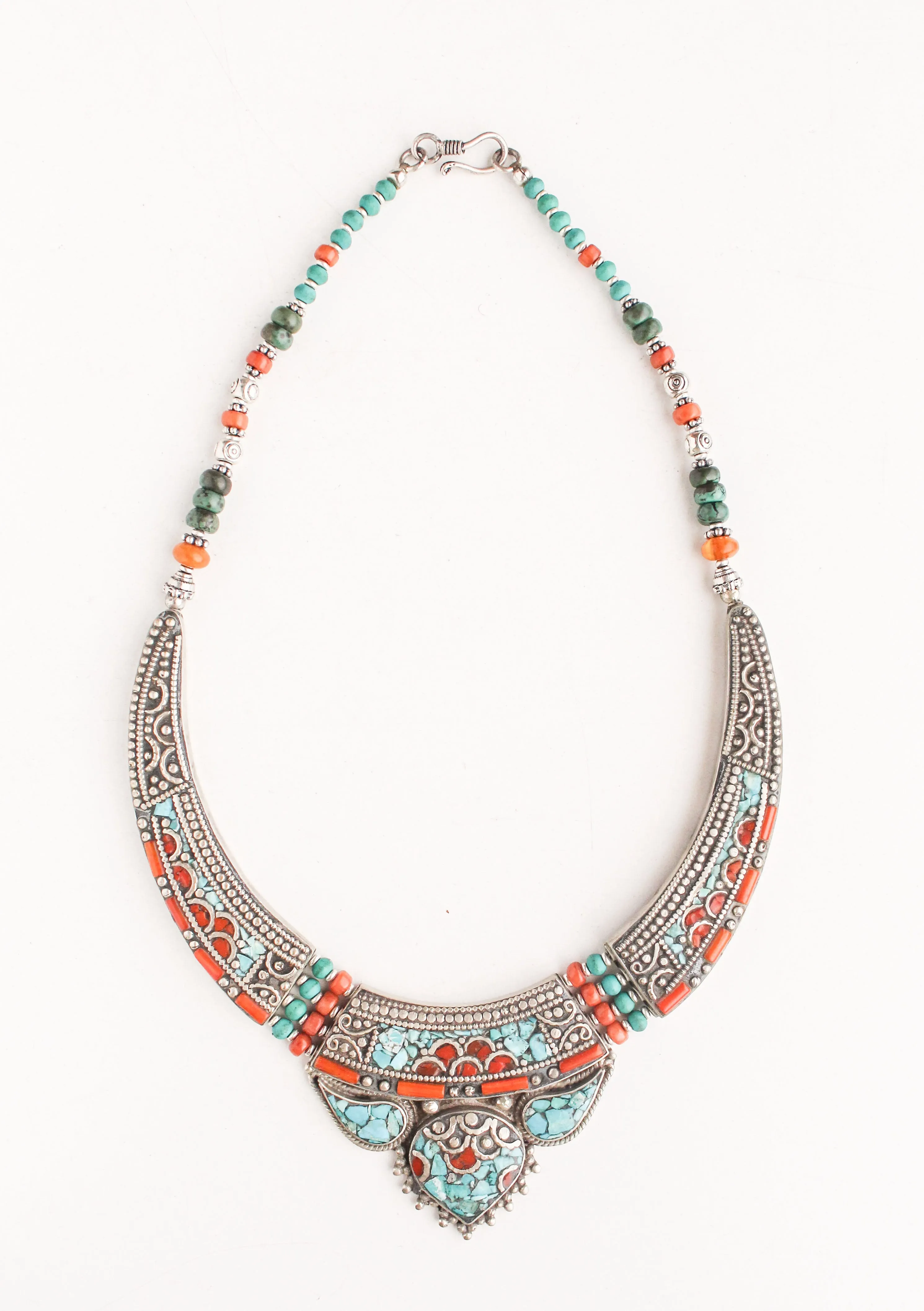 Turquoise & Coral Inlaid Tribal White Metal Collar Necklace