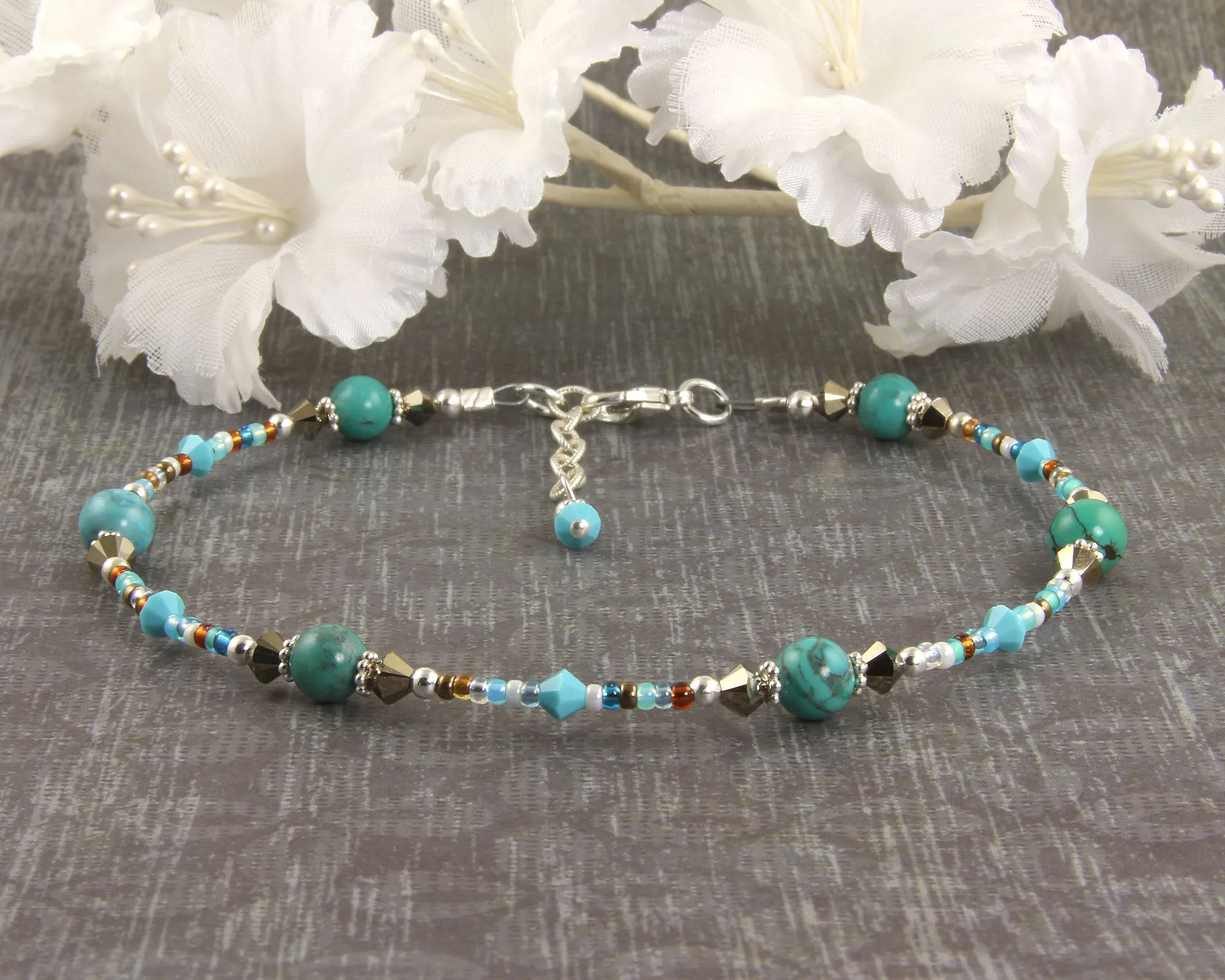 Turquoise Gold Crystal Silver-Plated Anklet