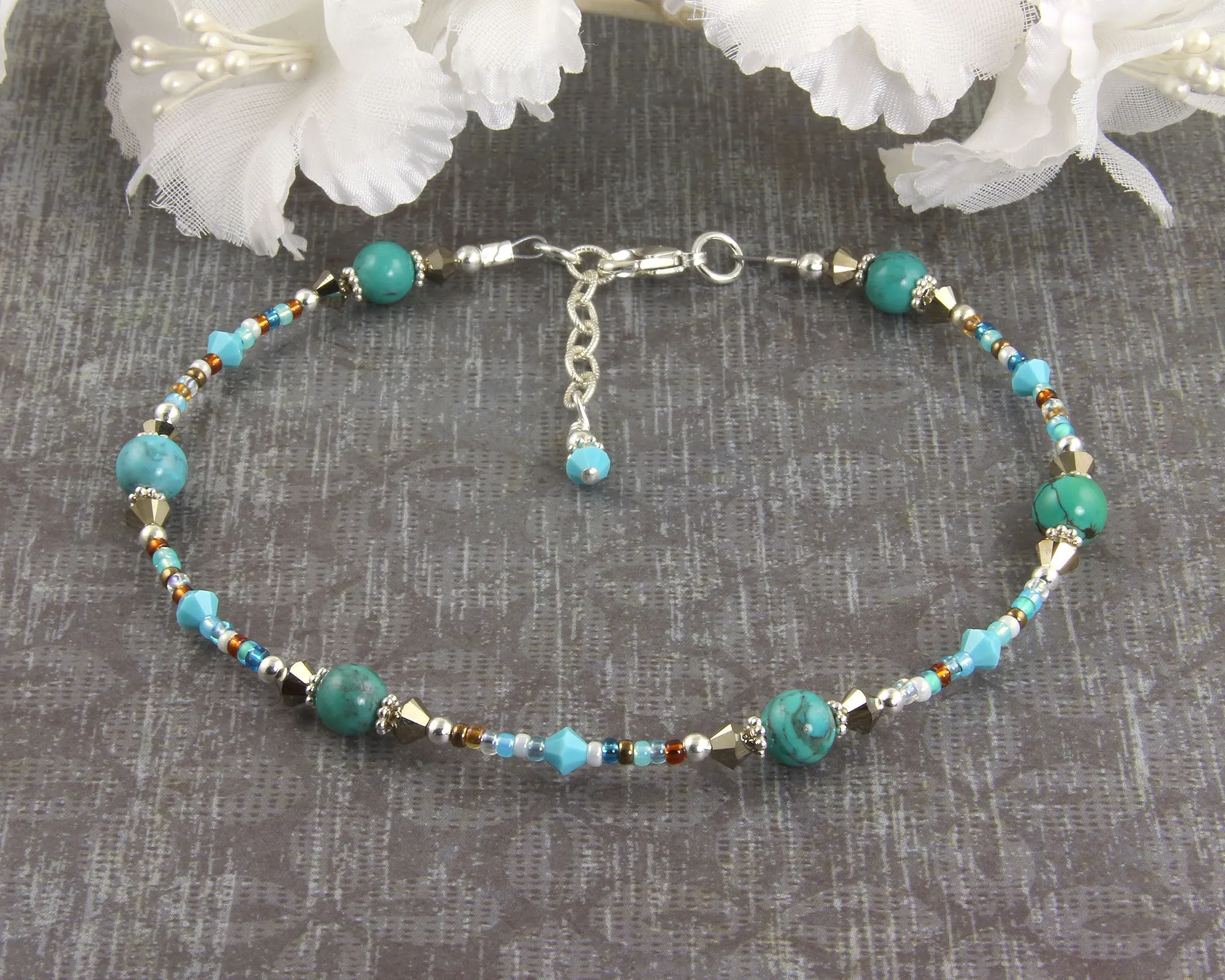 Turquoise Gold Crystal Silver-Plated Anklet