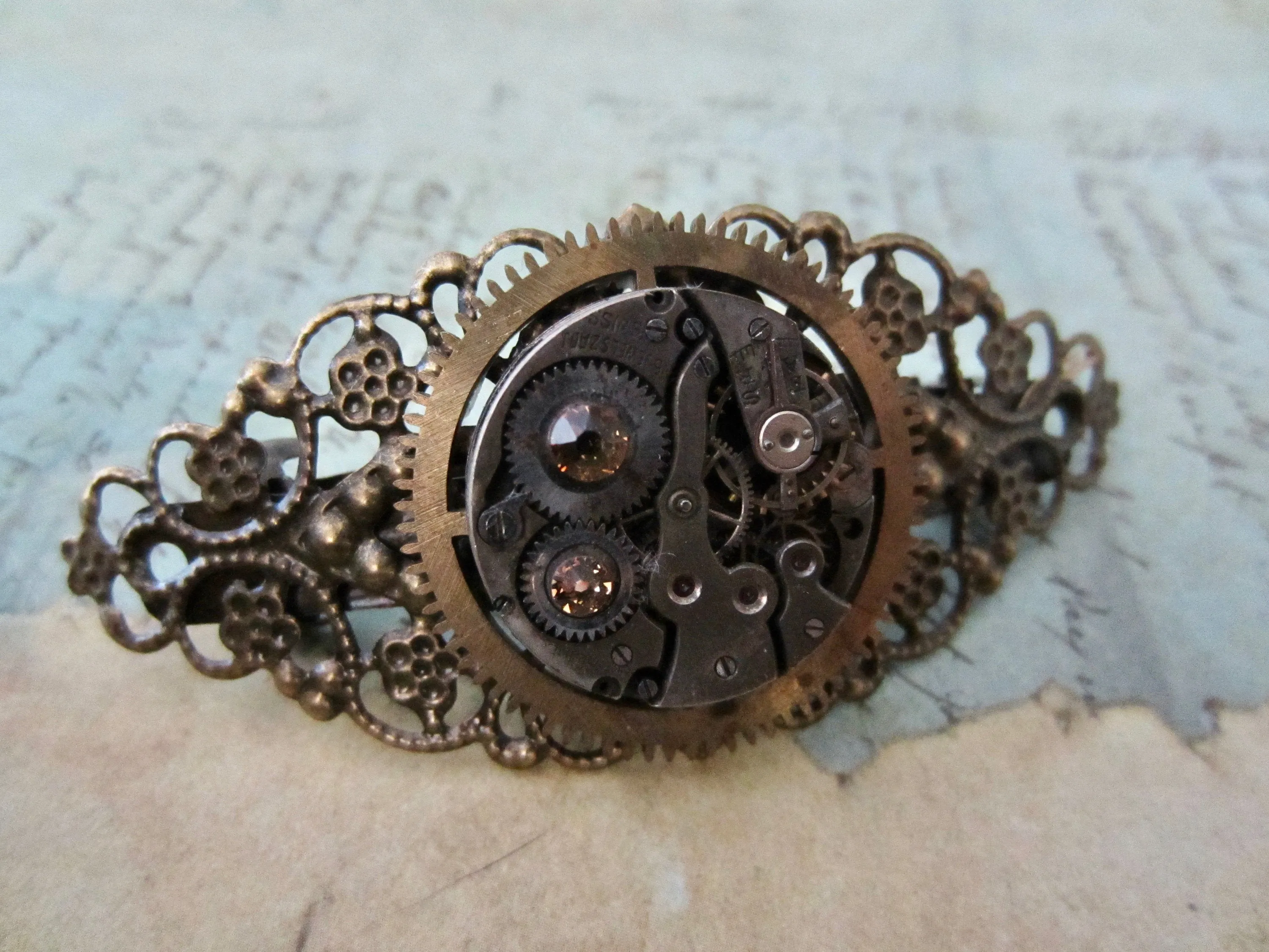 Vintage watch parts and Topaz BARRETTE - Hair Barrette - Hair Clip - Steampunk - Hair Clips- Hair Accessories - One of a kind - unique