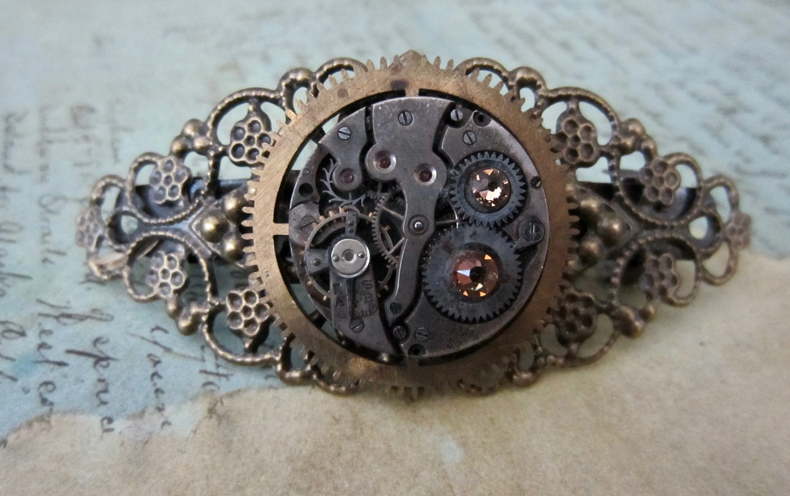 Vintage watch parts and Topaz BARRETTE - Hair Barrette - Hair Clip - Steampunk - Hair Clips- Hair Accessories - One of a kind - unique